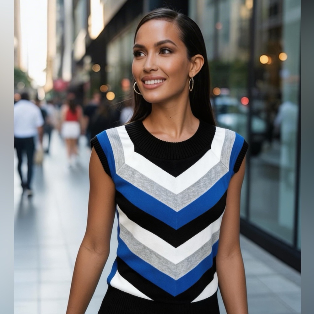Iz Byer Chevron Blue and Black Short Sleeve Sweater Top